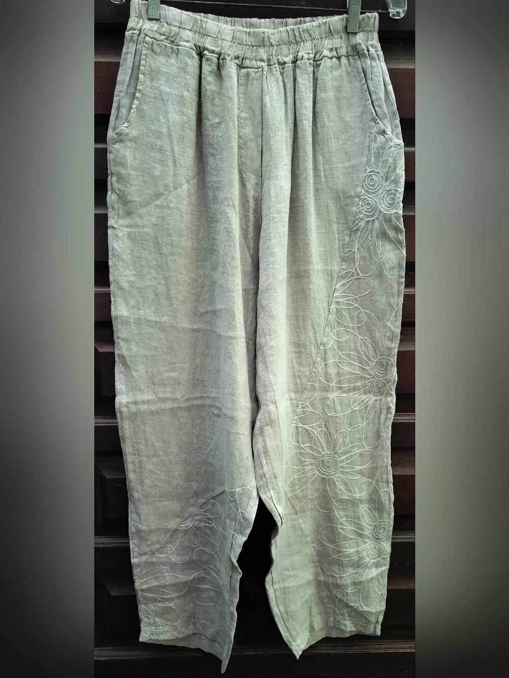 Women's Khaki Linen Embroidered Wide-Leg Pants